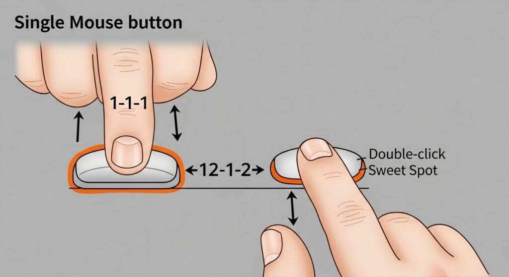 A clean, technical diagram showing a single mouse button with two distinct fingertips resting on it. Use arrows to illustrate the alternating 1-2-1-2 rhythm, demonstrating how one finger rests while the other clicks. Use a contrasting color to highlight the 'double-click' sweet spot on the mouse edge.
