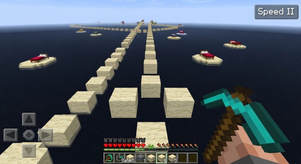 A thrilling first-person POV shot from a Minecraft Bedwars game, showing a player Telly Bridging across the void at a full sprint. The blocks should be placing instantaneously, giving a sense of impossible speed.
