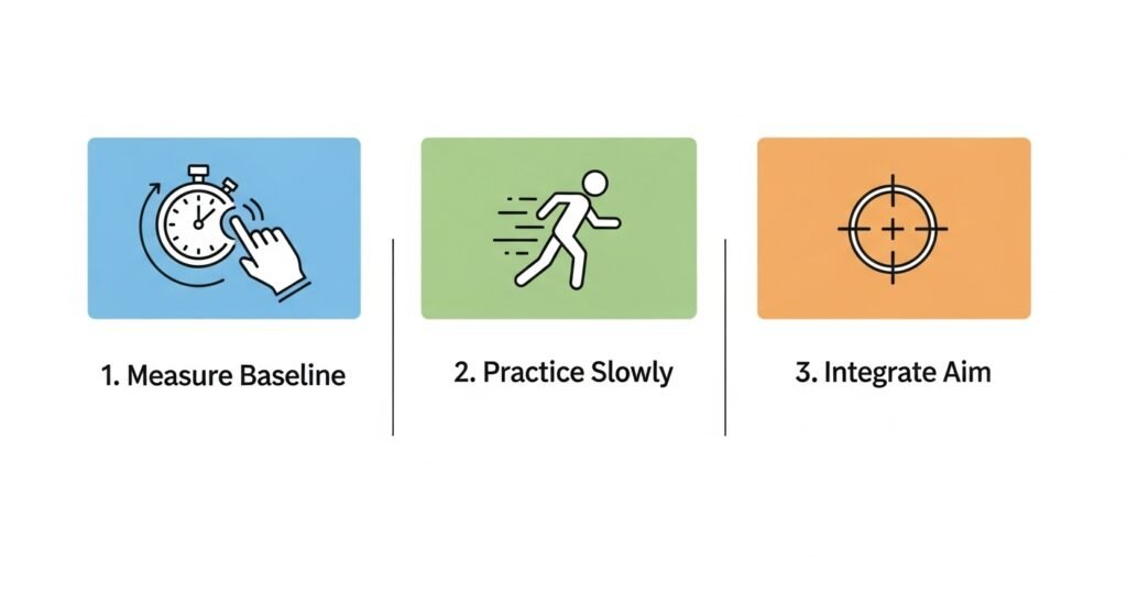 A simple, three-point infographic summarizing the training plan: 1. Measure Baseline (CPS Test icon), 2. Practice Slowly (Slow motion icon), 3. Integrate Aim (Crosshair icon).