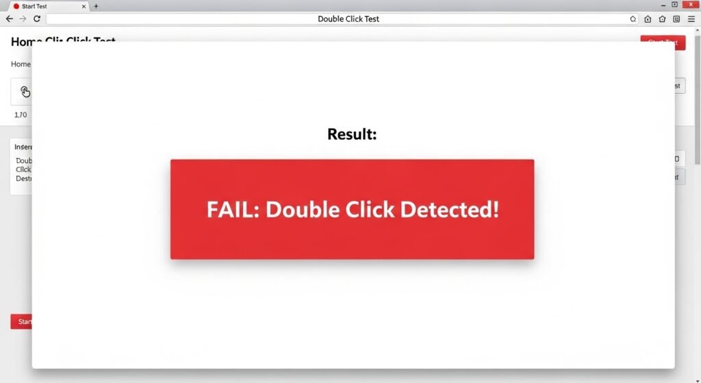 A clean screenshot of an online double-click test tool. The test result is prominently displayed in a red box showing "FAIL: Double Click Detected!"