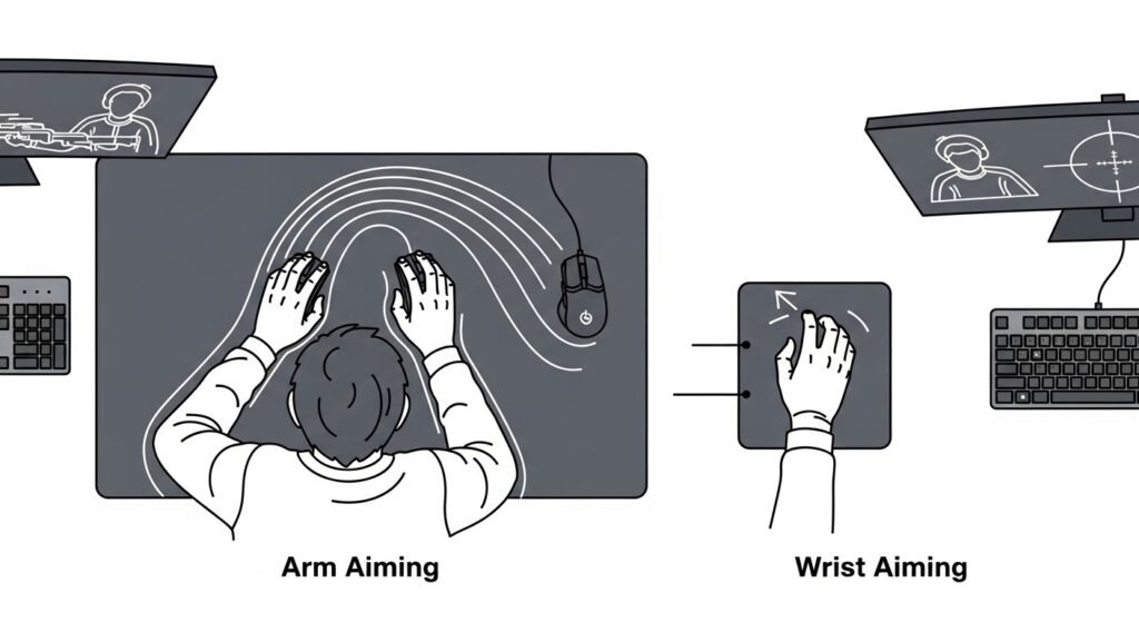 An illustration showing two different aiming styles from a top-down view. One shows a gamer making a large, smooth arc with their entire arm on a big mousepad (Arm Aiming). The other shows a gamer making a small, sharp flick with just their wrist on a small mousepad (Wrist Aiming).