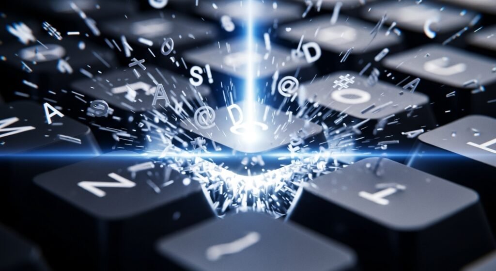 A close-up, explosive-action shot of a single key being pressed on a keyboard, with fragmented letters and symbols blasting outward in a burst of energy, representing a raw, powerful keystroke.