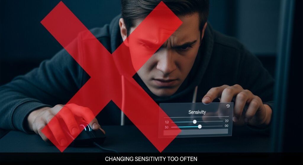 A simple graphic with a large red 'X' over an image of a gamer frustratedly changing the in-game sensitivity slider on a menu, illustrating the "Changing Sensitivity Too Often" mistake.
