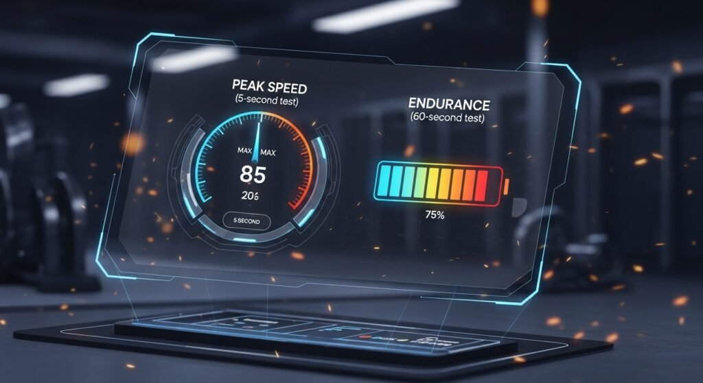 A futuristic training dashboard or interface. It has two main gauges: one is a "Peak Speed" dial (like a speedometer) for the 5-second test, and the other is an "Endurance" bar (like a battery meter) for the 60-second test. This visually represents the complete skill assessment toolkit.