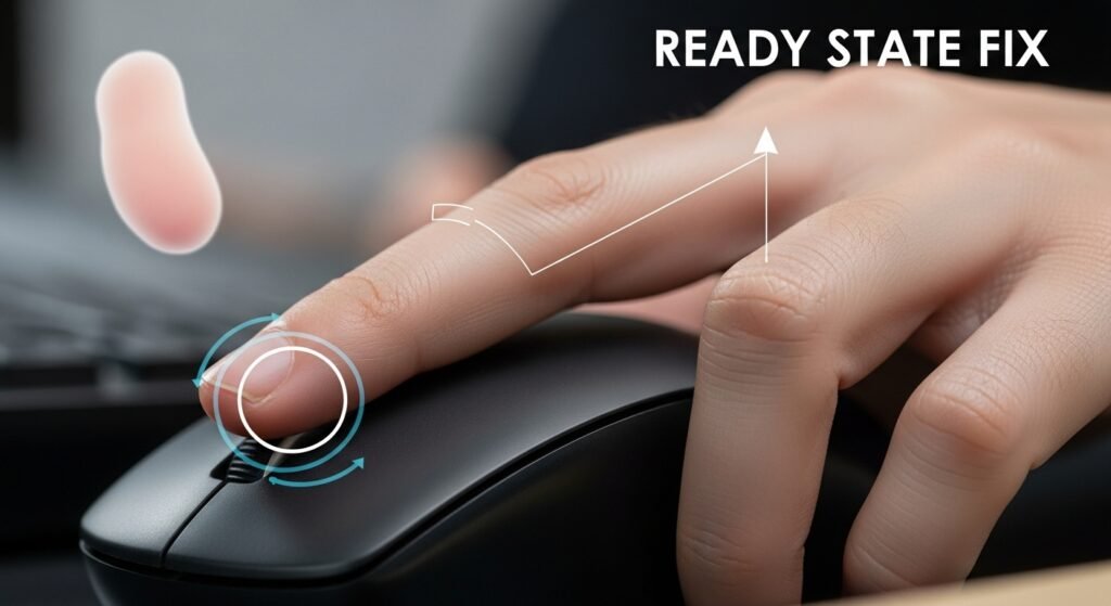 A close-up of a hand resting on a mouse. Highlight the middle finger resting lightly but directly on the right mouse button, illustrating the "ready state" fix, contrasting it with a lazy, hovering finger (blurred).