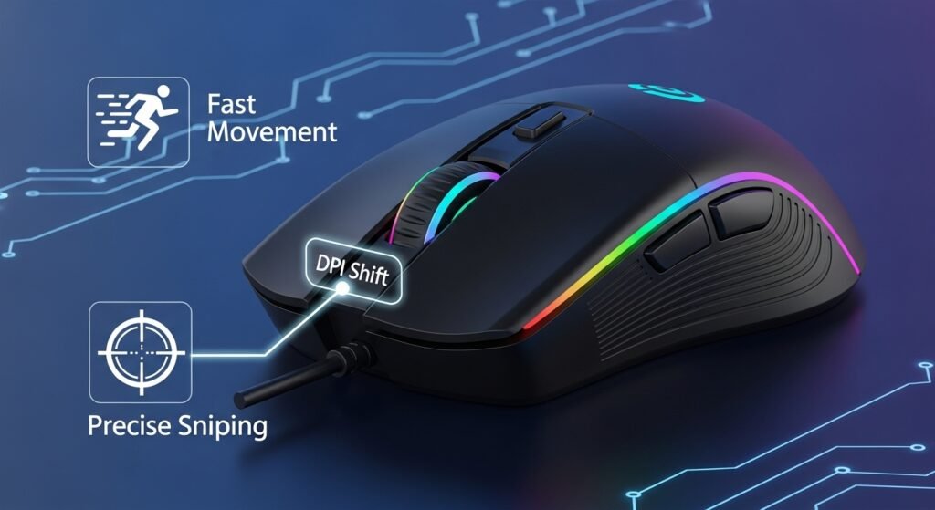 A graphic showing a gaming mouse with a highlighted "DPI Shift" or "Sniper" button. Show an icon for fast movement and an icon for slow, precise sniping connected to the button press.