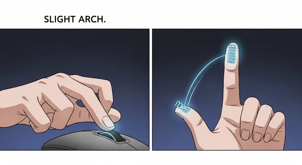A three-panel instructional image focusing on the hand: 1. Showing the hand in a relaxed claw grip (stable anchor fingers), 2. Highlighting the slight arch in the index/middle fingers, 3. The two fingers tapping lightly on the mouse button's 'sweet spot.'