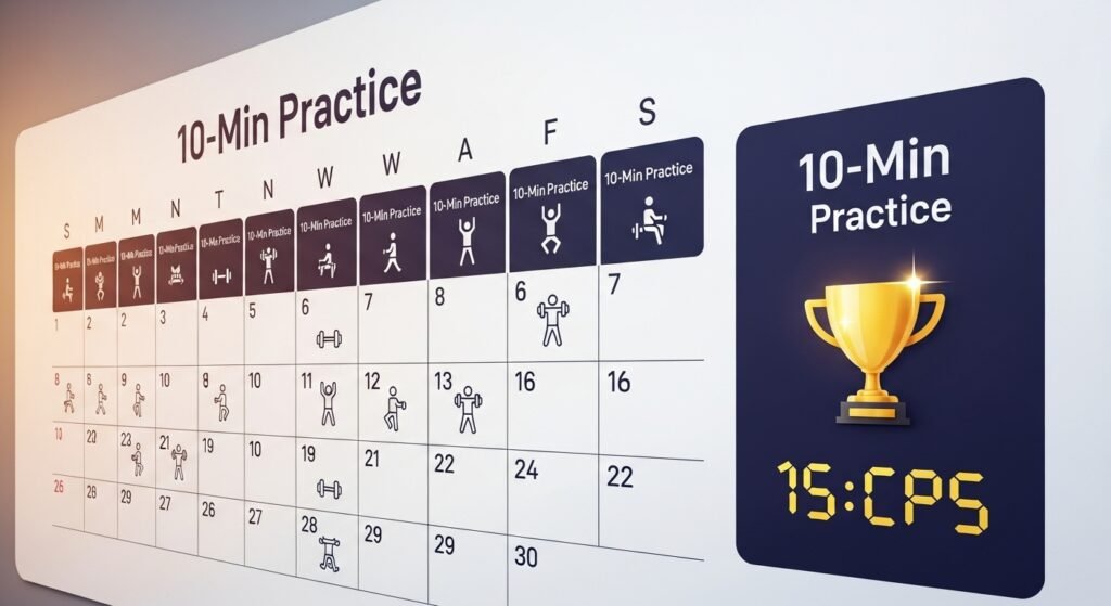 A stylized image of a calendar with a simple "10-Min Practice" icon on each day, leading up to a trophy icon with a high CPS score (e.g., "15 CPS"). This visually represents progress through consistent training.