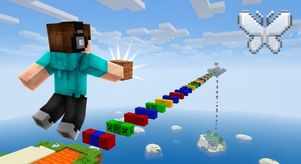 A visual of a Minecraft character successfully and confidently speed-bridging across a wide gap in Bedwars. A subtle "butterfly" icon is overlaid on the screen, symbolizing that this consistent skill was achieved through the superior technique.