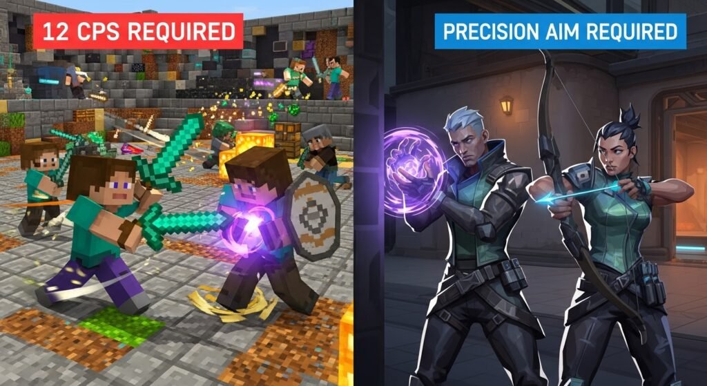 A split-screen image. The left side shows a chaotic Minecraft PvP battle with a "12 CPS Required" overlay. The right side shows a tense, tactical Valorant scene with a "Precision Aim Required" overlay.