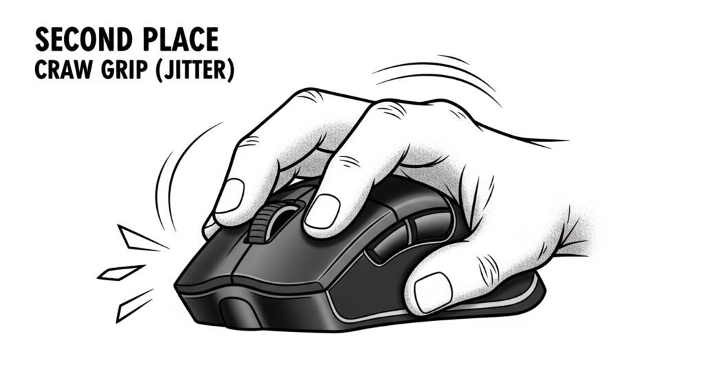 A podium-style infographic. First place: "Fingertip Grip (Butterfly)". Second place: "Claw Grip (Jitter)". Third place: "Palm Grip (Comfort)".