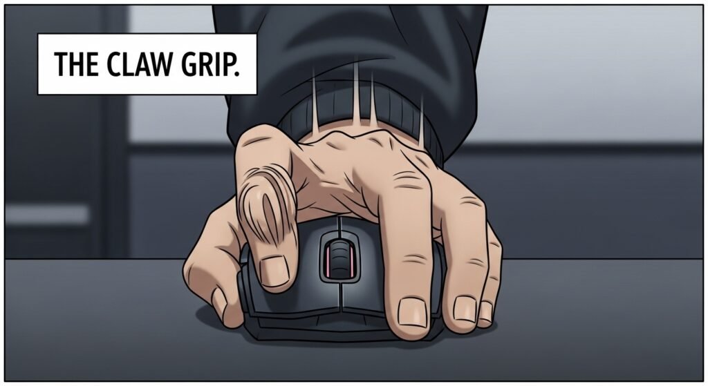 A three-panel instructional image showing a person's arm: 1. Arm tensing/vibrating off the mouse ("Finding Your Jitter"), 2. Hand showing a clear claw grip, 3. The tensing arm and claw grip combined on the mouse.