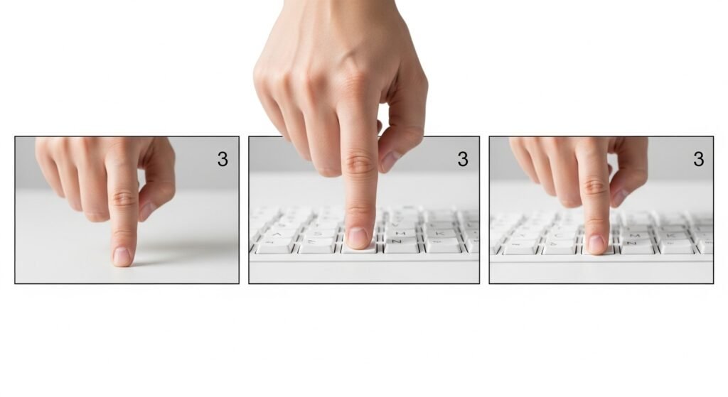 A three-panel instructional image showing the different tapping methods: 1. A hand with a "Flat Thumb" resting on the spacebar, 2. Two thumbs performing a "Tremor" motion, 3. An Index Finger tapping the spacebar. Each panel should highlight the point of contact.