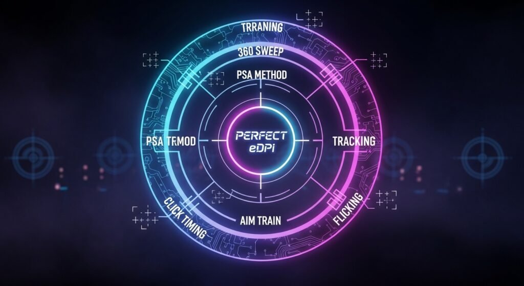 : A stylized image of a practice range target. The bullseye is labeled "Perfect eDPI," and the surrounding rings are labeled with steps like "360 Sweep," "PSA Method," and "Aim Train."