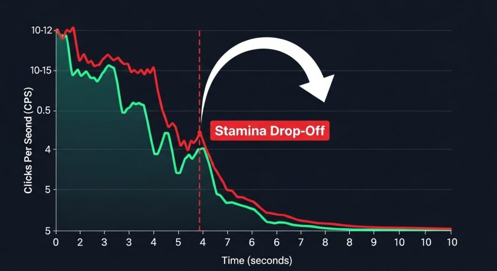A visual of a line graph representing a player's CPS performance over 10 seconds. The line should start high and then sharply dip, with a label indicating the "Stamina Drop-Off" and an arrow pointing to the need for a targeted drill.