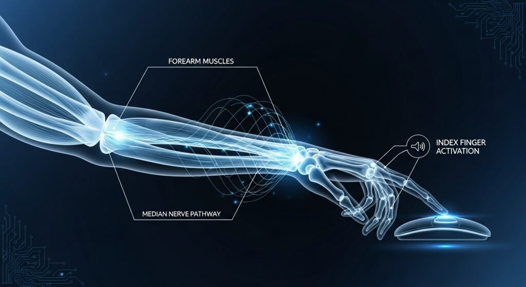 A clean, technical diagram showing a forearm and hand, with glowing lines indicating a controlled muscle vibration traveling from the forearm to the index finger resting lightly on a mouse button. Use a futuristic, HUD-style aesthetic.