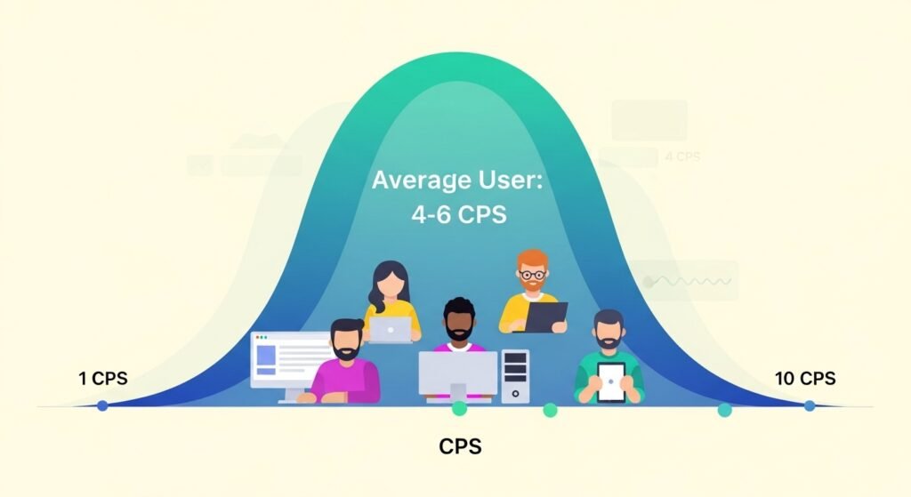 A clean, friendly illustration of a bell curve. The peak of the curve is clearly labeled "Average User: 4-6 CPS," with icons of people browsing and working underneath it.