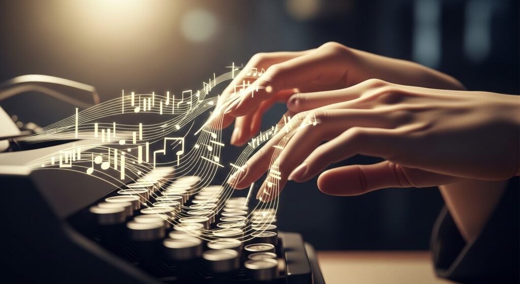 An illustration of a typist's hands gracefully moving over a keyboard, with smooth, flowing lines resembling musical bars emanating from their fingertips, symbolizing rhythm and fluency.