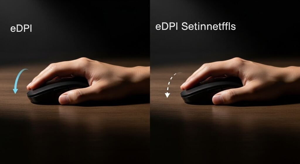A graphic contrasting two hands/arms on a desk. One hand is making a large arm sweep (Low eDPI benefit: Consistency). The other is making a tiny, quick wrist flick (High eDPI benefit: Speed).