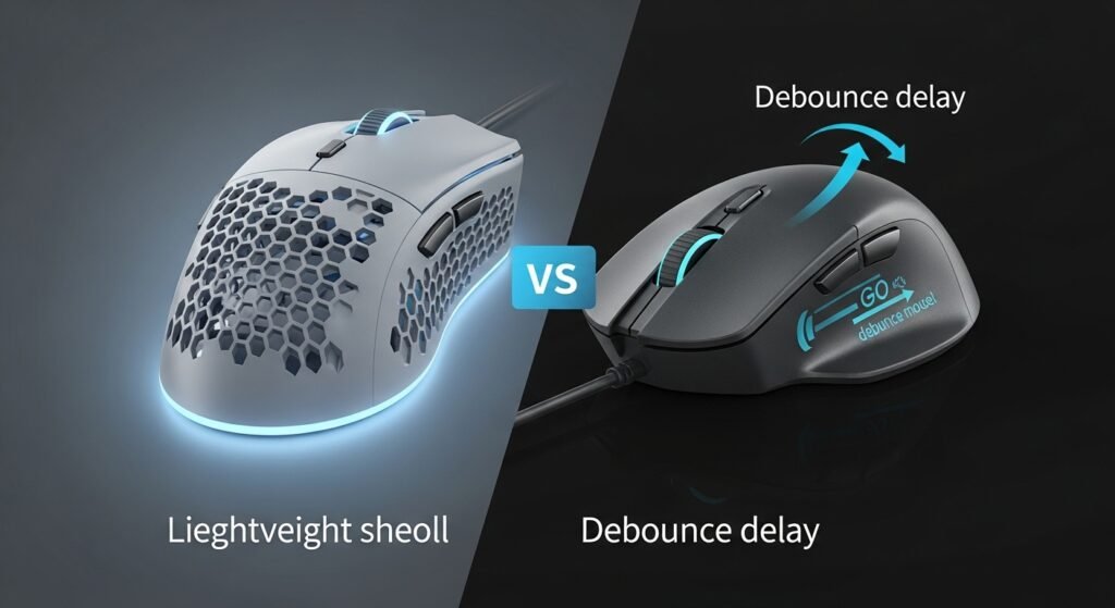 A side-by-side comparison of a sleek, lightweight gaming mouse (with honeycomb shell) next to a bulky, generic office mouse. Highlight the gaming mouse with a soft, bright glow and show a visual representation of "debounce delay" on the generic mouse.
