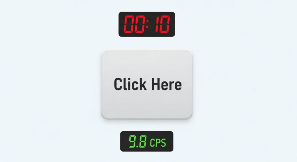 A simple, illustrative graphic showing a clean, modern recreation of a Kohi Click Test website interface with a timer at 00:10 and a final score displayed (e.g., 9.8 CPS).