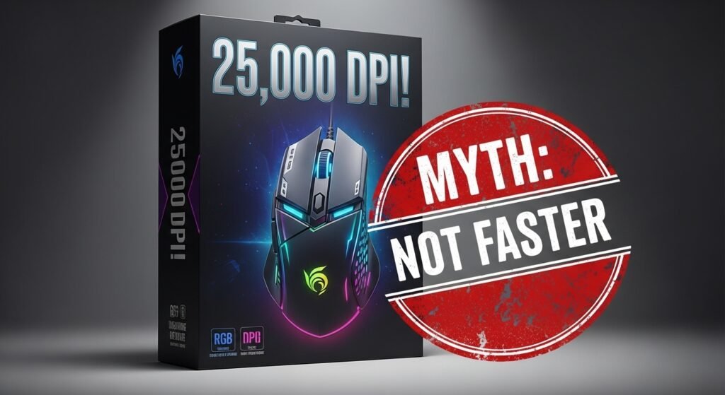 A "myth-busting" style graphic. An image of a flashy mouse box advertising "25,000 DPI!" is stamped with a big red "MYTH: Not Faster" label.