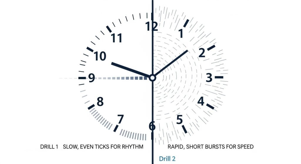 A simple graphic representing a clock or timer, with a split image showing Drill 1 (slow, even ticks for rhythm) contrasted with Drill 2 (rapid, short bursts for speed).