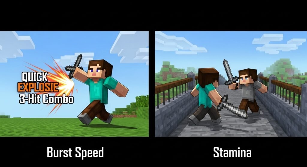 A two-panel visual. The left panel, labeled "Burst Speed," shows a Minecraft character landing a quick, explosive 3-hit combo in a surprise attack. The right panel, labeled "Stamina," shows two characters engaged in a long, drawn-out bridge fight.