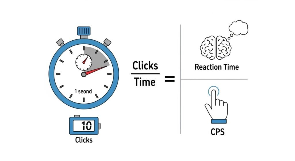 A simple, clean graphic showing a stopwatch counting one second and a small click counter displaying the result, illustrating the formula: Clicks / Time = CPS. Highlight the separation between a brain icon (Reaction Time) and a hand icon (CPS).