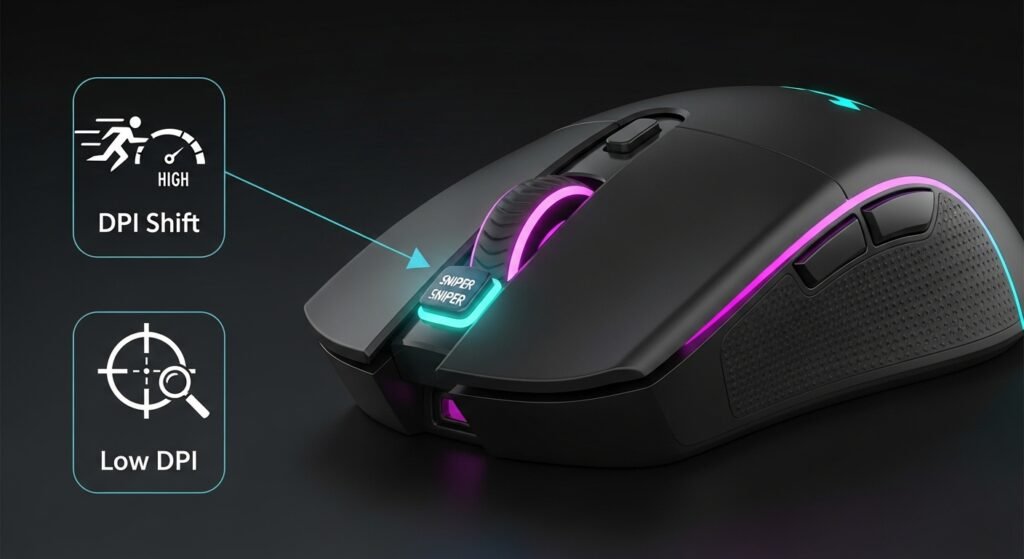A graphic showing a gaming mouse with a highlighted "DPI Shift" or "Sniper" button. Show an icon for fast movement and an icon for slow, precise sniping connected to the button press.