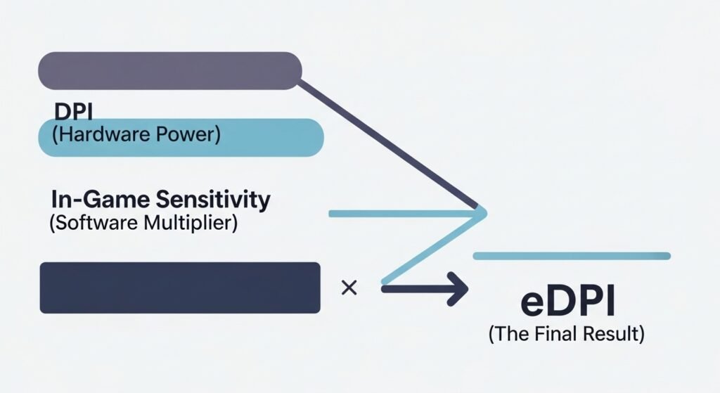 A simple, illustrative infographic showing three bars labeled: DPI (Hardware Power), In-Game Sensitivity (Software Multiplier), and eDPI (The Final Result). Use arrows to clearly show the relationship between the three.