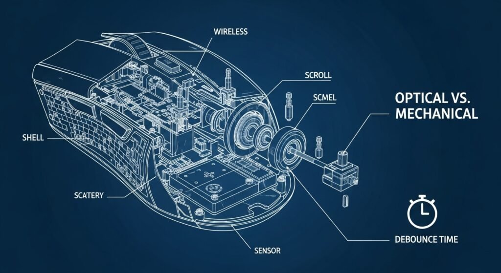 A technical infographic in a blueprint style, showing a cross-section of a gaming mouse. Callouts point to the switch with a label "Optical vs. Mechanical" and a timer icon labeled "Debounce Time."