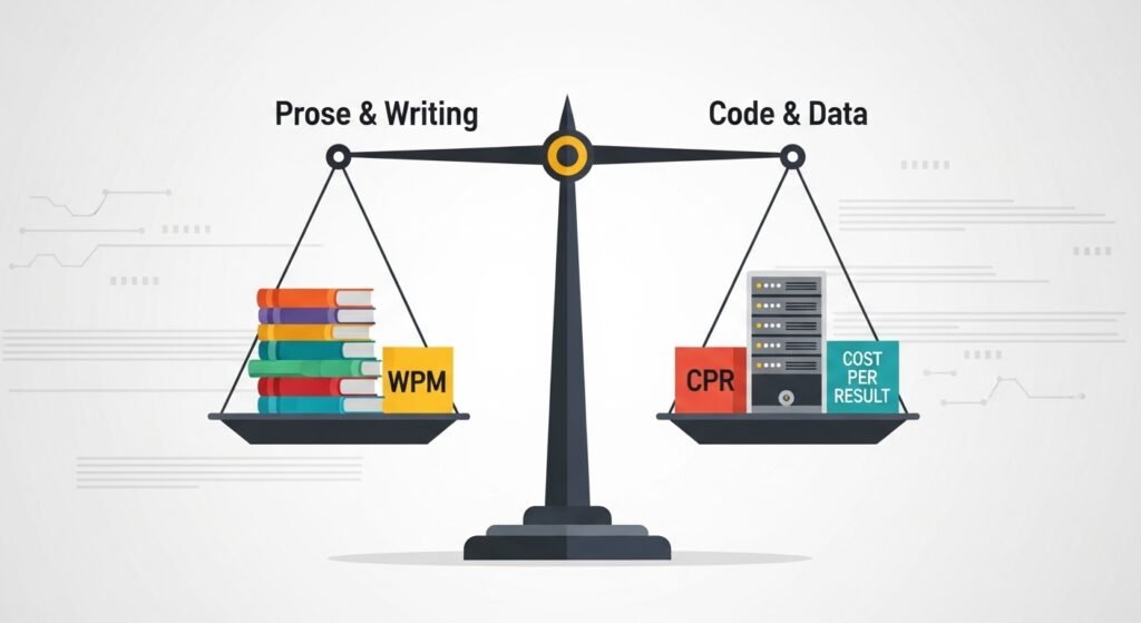 A clean, minimalist infographic showing a balance scale. On one side is a stack of books labeled "Prose & Writing" being weighed by a "WPM" block. On the other side is a computer server rack labeled "Code & Data" being weighed by a "CPR" block.