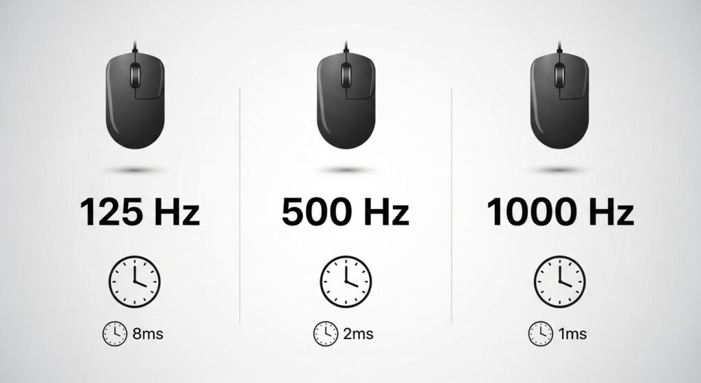 A visual comparison chart with three columns. Each column has an icon for a mouse, a large number (125, 500, 1000 Hz), and a clock icon below it showing the corresponding delay (8ms, 2ms, 1ms).