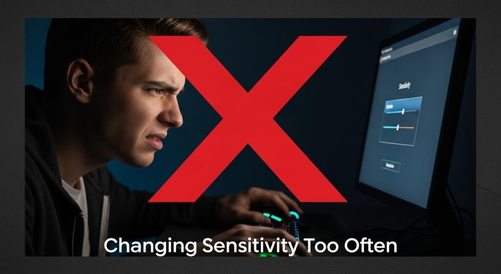 A simple graphic with a large red 'X' over an image of a gamer frustratedly changing the in-game sensitivity slider on a menu, illustrating the "Changing Sensitivity Too Often" mistake.