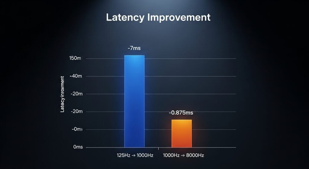 A dramatic bar chart titled "Latency Improvement." The first bar, labeled "125Hz -> 1000Hz," is very tall, showing a "-7ms" improvement. The second bar, labeled "1000Hz -> 8000Hz," is extremely short, showing a "-0.875ms" improvement, visually demonstrating the massive drop-off in benefit.