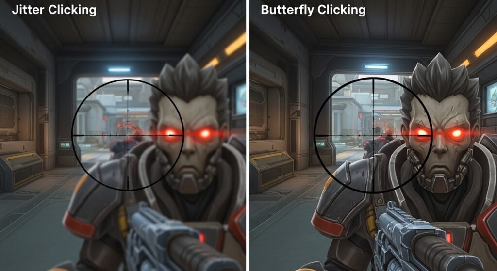 A powerful visual comparison of two first-person-view crosshairs. The "Jitter Clicking" crosshair is shaky, blurred, and off-target. The "Butterfly Clicking" crosshair is stable, crisp, and perfectly centered on an opponent