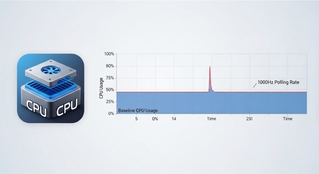 An image of a CPU icon with a performance graph next to it. The graph shows a baseline CPU usage, with a very small, almost unnoticeable spike labeled "1000Hz Polling Rate," visually demonstrating its minimal impact.
