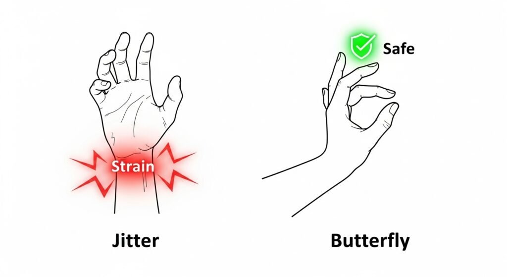 A powerful visual comparison of two first-person-view crosshairs. The "Jitter Clicking" crosshair is shaky, blurred, and off-target. The "Butterfly Clicking" crosshair is stable, crisp, and perfectly centered on an opponent