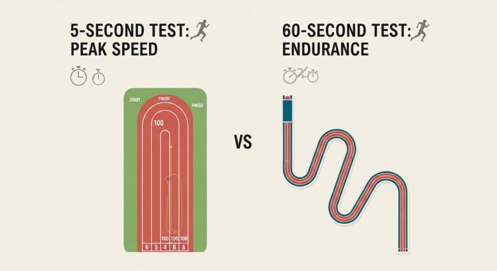 A simple, powerful infographic showing two race tracks. One is a short, straight 100-meter dash labeled "5-Second Test: Peak Speed." The other is a long, looping marathon track labeled "60-Second Test: Endurance."