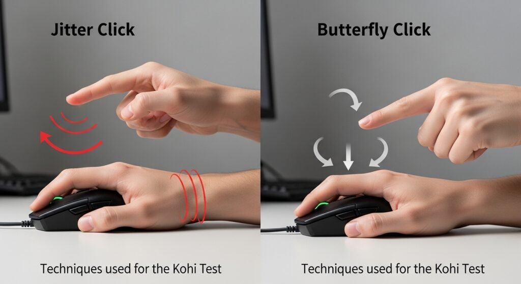A comparison graphic of two distinct hands: one hand performing a Jitter Click (showing forearm tension/vibration) and the other performing a Butterfly Click (showing the two-finger drum motion). Label them clearly as the two main techniques used for the Kohi test.