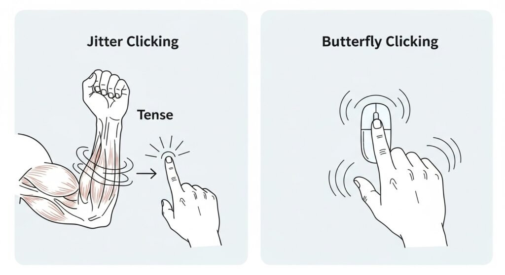 A clean, two-panel infographic. The left panel, labeled "Jitter Clicking," shows a diagram of a tense, vibrating forearm with an arrow pointing to the finger. The right panel, labeled "Butterfly Clicking," shows a top-down view of two fingers tapping a mouse button in a drumming motion.