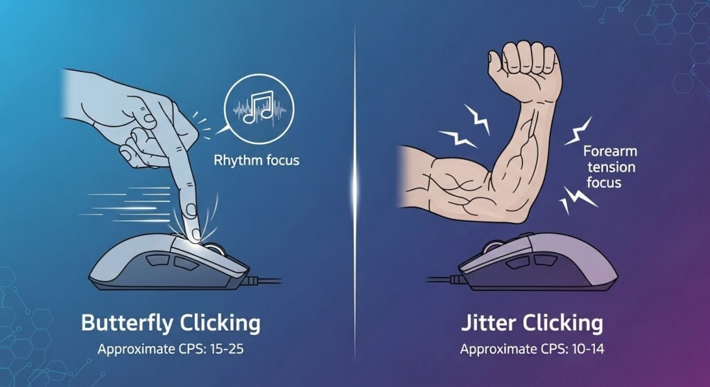 A stylized infographic comparing two different hands/mice. One image shows a hand performing Butterfly Clicking (rhythm focus), and the other shows a hand performing Jitter Clicking (forearm tension focus). Label their approximate CPS ranges.