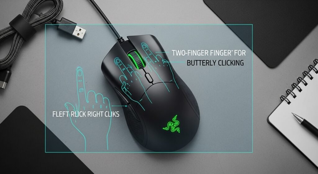 A visually appealing flat-lay photo showcasing the wide shape of a recommended butterfly clicking mouse (e.g., Razer DeathAdder). Overlay a graphic showing the ideal placement of two fingers for comfort.