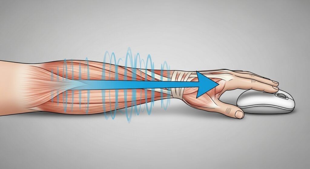 An illustrative diagram of a hand and forearm. The muscles in the forearm are highlighted with a tense, vibrating effect, and a clear arrow shows this vibration traveling down to the finger, which is resting lightly on the mouse button.