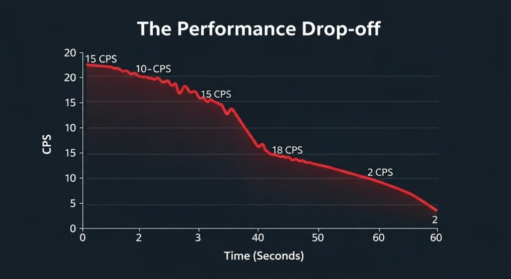A clear and dramatic line graph titled "The Performance Drop-off." The Y-axis is "CPS," and the X-axis is "Time (Seconds)." The line starts high at 15 CPS, then sharply declines, showing the inevitable effect of click fatigue over 60 seconds.