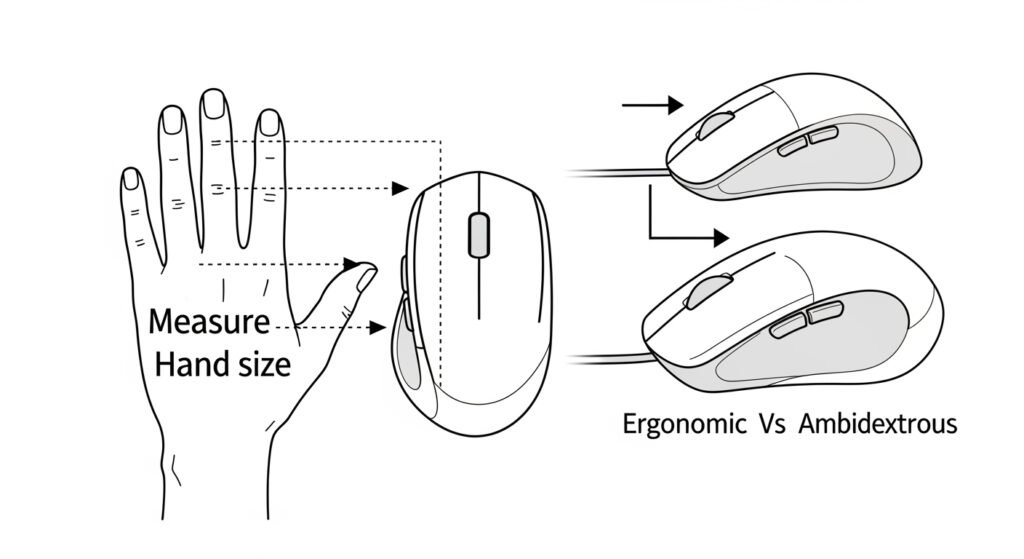 A clean illustration of a hand next to a mouse, with dotted lines showing how to measure hand size, and arrows indicating different mouse shapes (ergonomic vs. ambidextrous).