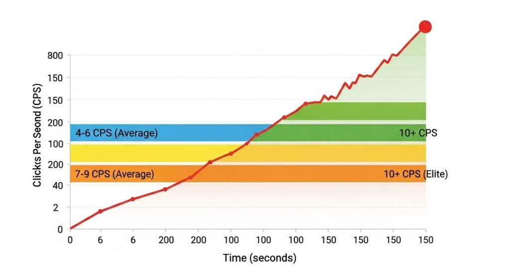 A simple, illustrative infographic showing a line graph representing the user's score on a space bar click test rising rapidly. Use clear labels for the 4-6 CPS (Average), 7-9 CPS (Fast), and 10+ CPS (Elite) tiers.