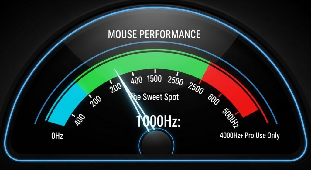 A clean, futuristic dashboard gauge, like a speedometer, for "Mouse Performance." The needle is pointing firmly in a large, green zone labeled "1000Hz: The Sweet Spot." A tiny, red-lined section at the very end is labeled "4000Hz+: Pro Use Only."