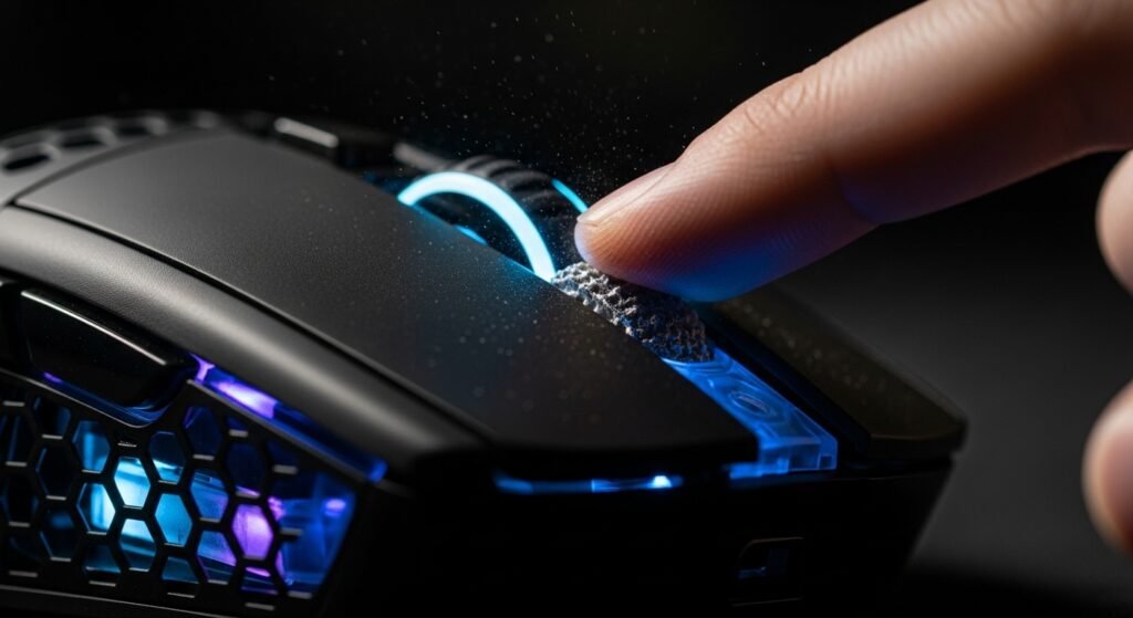 A dramatic close-up of a finger dragging across the Roccat Kone XP Air's button. The image uses motion blur and shows visible friction trails or particles coming off the finger to illustrate the unique texture.